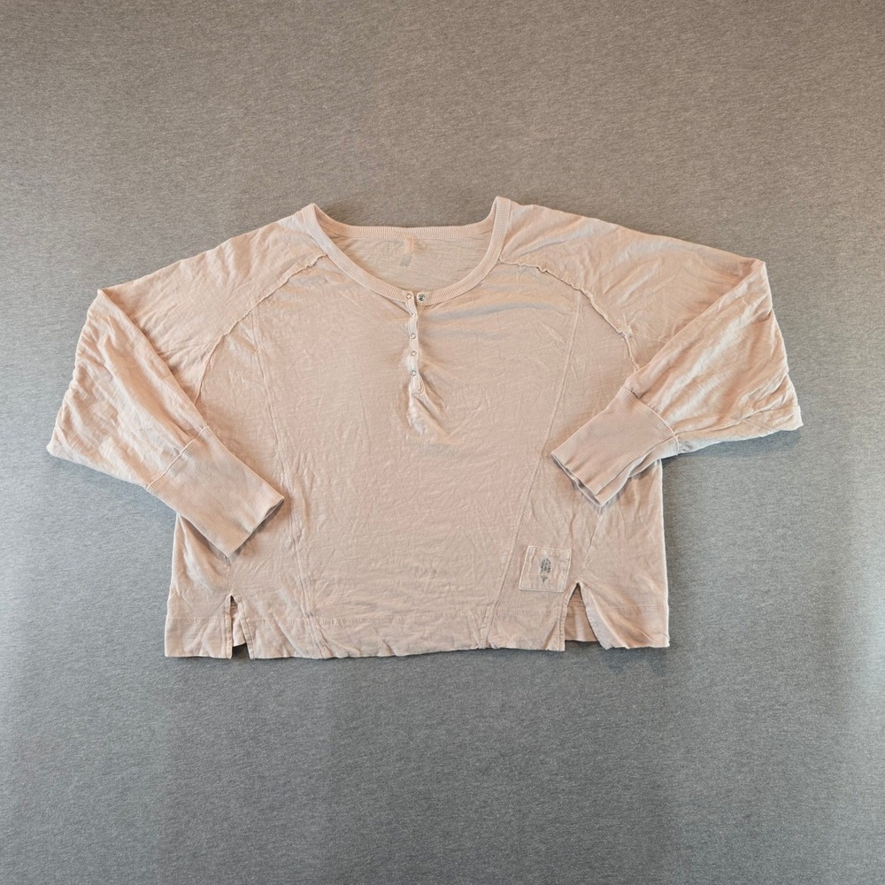 FP Movement Henley Top Womens Medium Pale Pink Cotton Long Sleeve Cropped Slub
